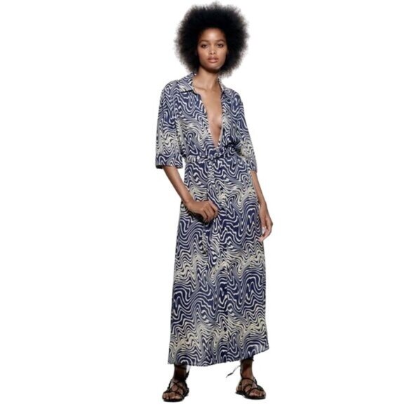 Zara Navy & Ivory Belted Dress - Picture 5 of 9